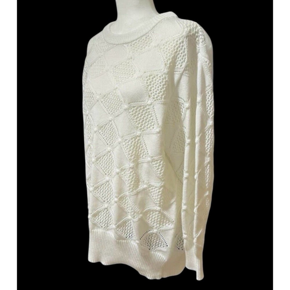 Oversized Crew Neck Ivory Knit Sweater Diamond Pattern Novelty Stitch Women’s 1X